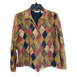 Laura Ashley Silk Harlequin‎ Diamond Leopard Print Lined Blouse Red Mustard 10